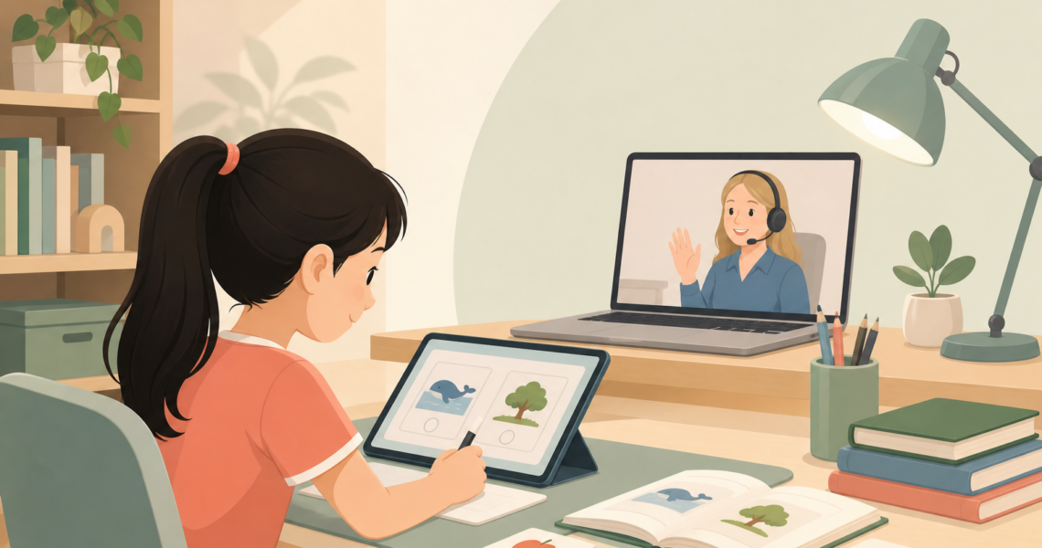 伴鱼少儿英语欧美外教课程后孩子进行课后复习的学习场景