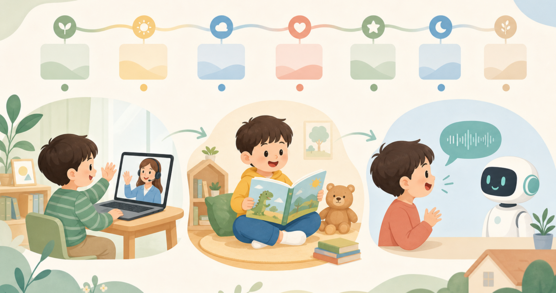 伴鱼少儿英语课程安排示意图:幼儿园孩子一周外教课、阅读和AI口语练习节奏