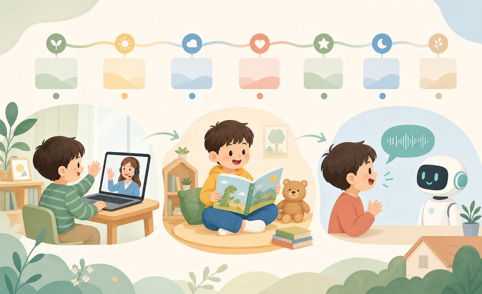伴鱼少儿英语课程安排示意图:幼儿园孩子一周外教课、阅读和AI口语练习节奏