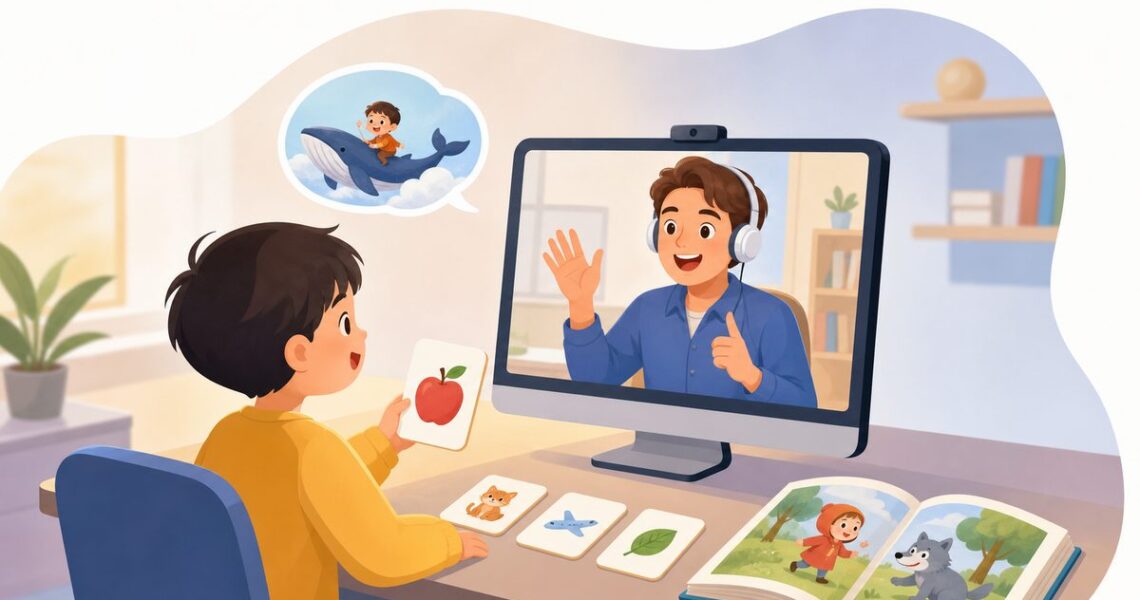 儿童一对一英语课堂中,孩子通过外教互动、自然拼读卡片和绘本复述练习口语