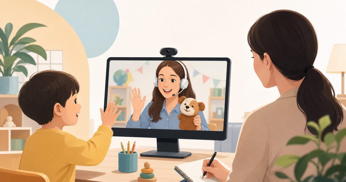 在线外教英语一对一儿童试听课中,幼儿园孩子与外教互动的课堂观察场景