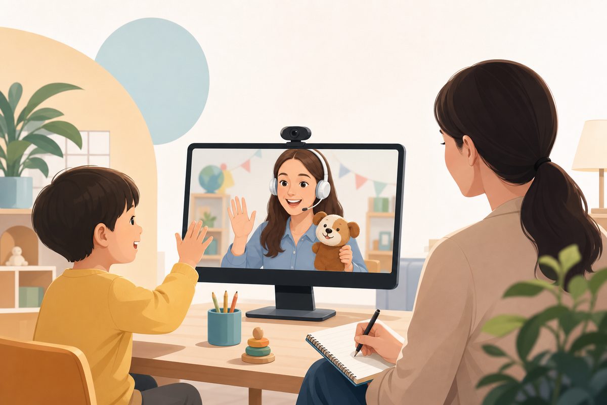 在线外教英语一对一儿童试听课中,幼儿园孩子与外教互动的课堂观察场景