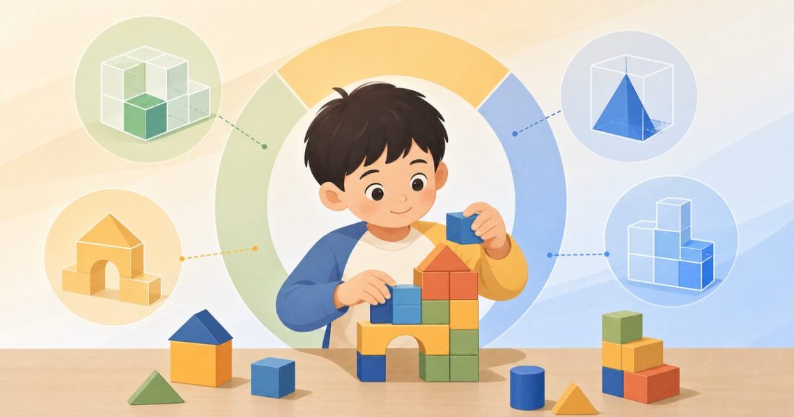 伴鱼全能数学CPA教学法中孩子用积木理解图形空间和计算关系