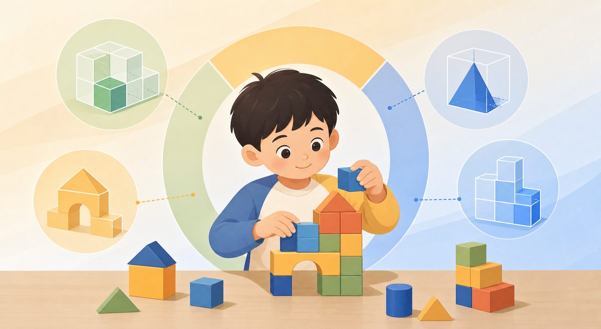 伴鱼全能数学CPA教学法中孩子用积木理解图形空间和计算关系