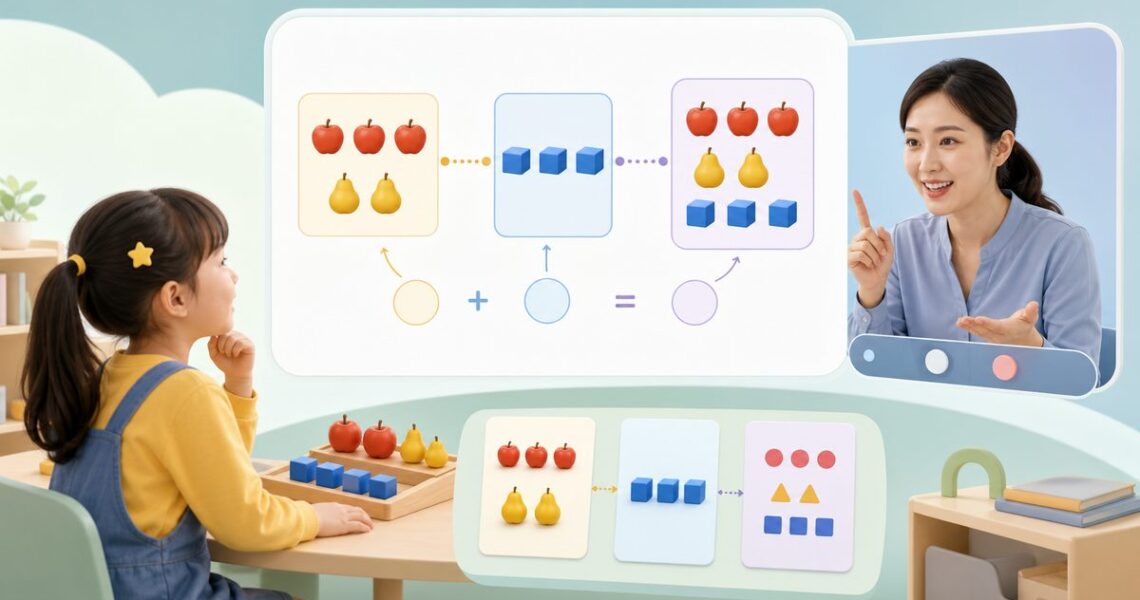 伴鱼全能数学真人1对1课堂中用实物、图形和算式连接数量关系