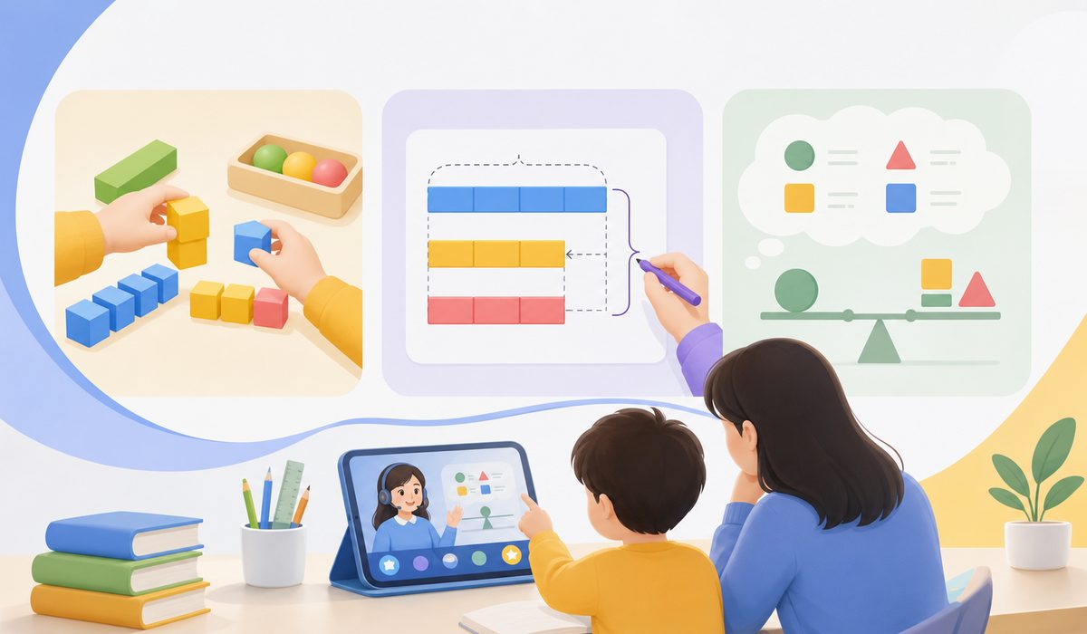 新加坡数学启蒙 CPA 三阶段：实物操作、画条形图建模、抽象符号运算的对比示意图