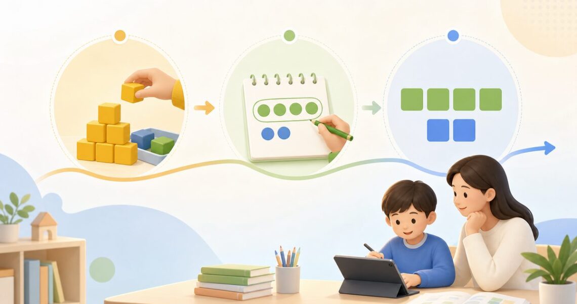 新加坡数学启蒙中 CPA 三阶段：从实物、画图到算式的递进示意图