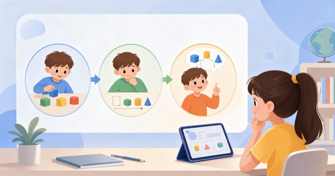 儿童数学思维课中CPA教学法具象、形象、抽象三步的示意图