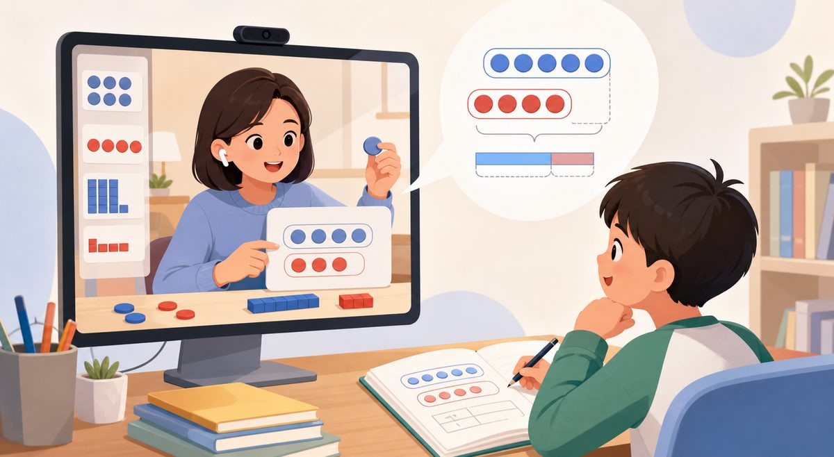 老师在一对一数学课上用CPA实物和图形方法，帮孩子理解应用题条件
