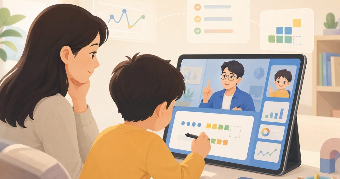 家长在数学一对一网课平台试听课中观察孩子计算过程的示意图