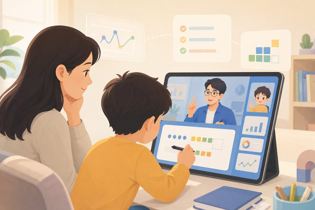 家长在数学一对一网课平台试听课中观察孩子计算过程的示意图