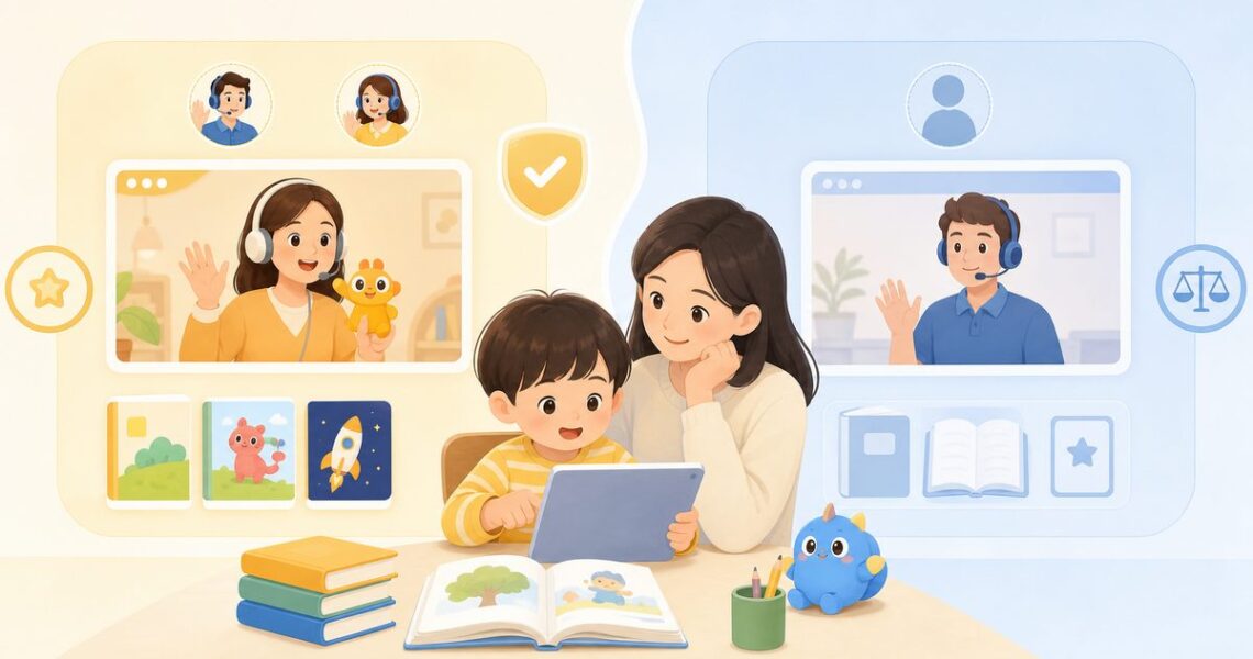 伴鱼少儿英语 VIPKID 3-6岁外教模式与教材对比示意图