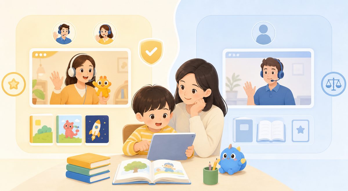伴鱼少儿英语 VIPKID 3-6岁外教模式与教材对比示意图