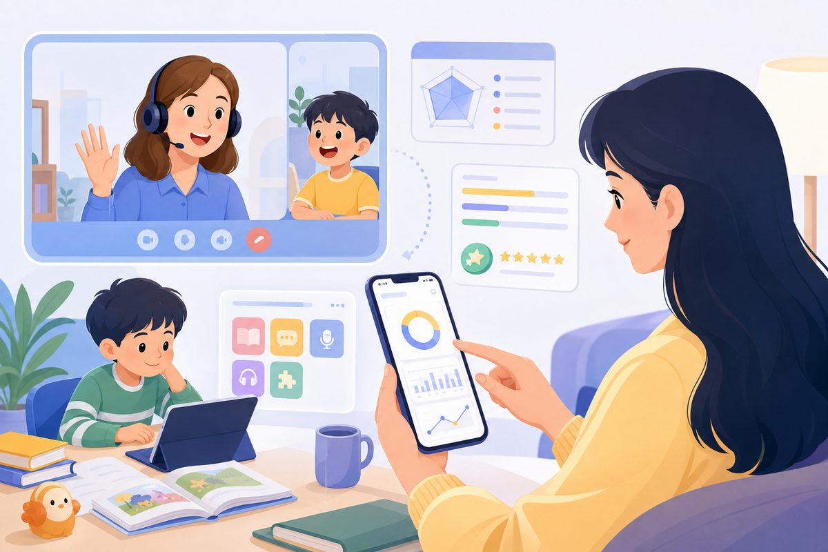 家长用App记录孩子在外教课中开口时长与课后报告的界面示意