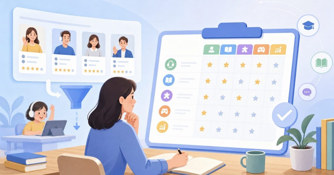 家长用儿童在线英语网课平台排名做初筛后，再用一年级选课框架逐项打分的示意图