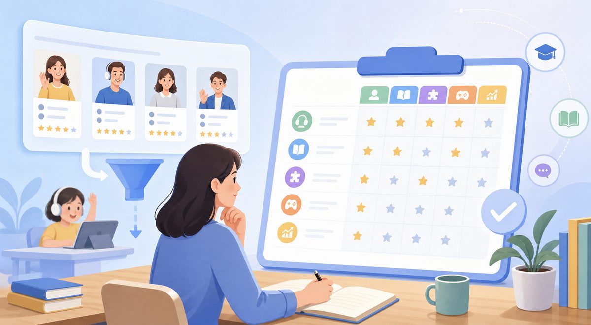 家长用儿童在线英语网课平台排名做初筛后，再用一年级选课框架逐项打分的示意图