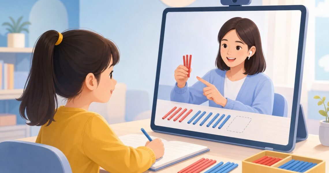小学数学一对一辅导中,老师用小棒帮二年级孩子理解退位减法算理的课堂场景