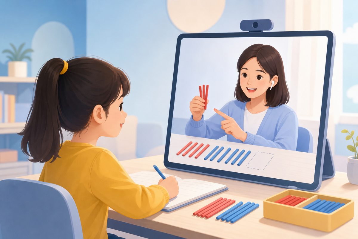 小学数学一对一辅导中,老师用小棒帮二年级孩子理解退位减法算理的课堂场景