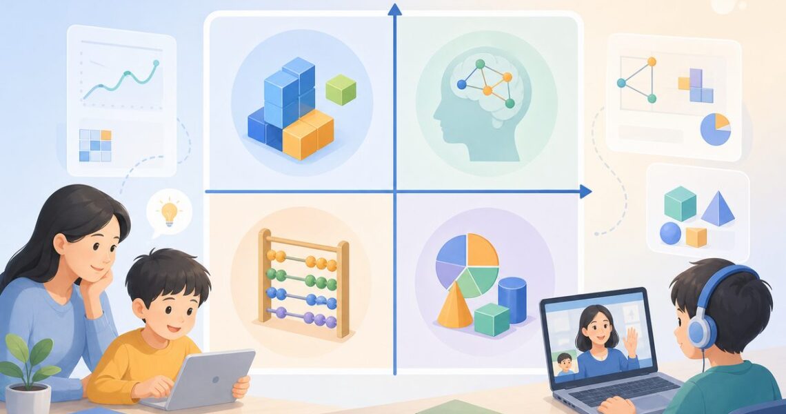 少儿数学思维培训机构课程效果判断的双轨四象限框架图，横轴为计算能力纵轴为数学思维能力
