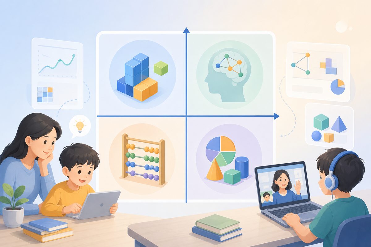 少儿数学思维培训机构课程效果判断的双轨四象限框架图，横轴为计算能力纵轴为数学思维能力
