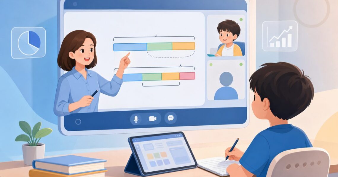 数学一对一网课平台老师用线段图带孩子拆解应用题的在线课堂界面