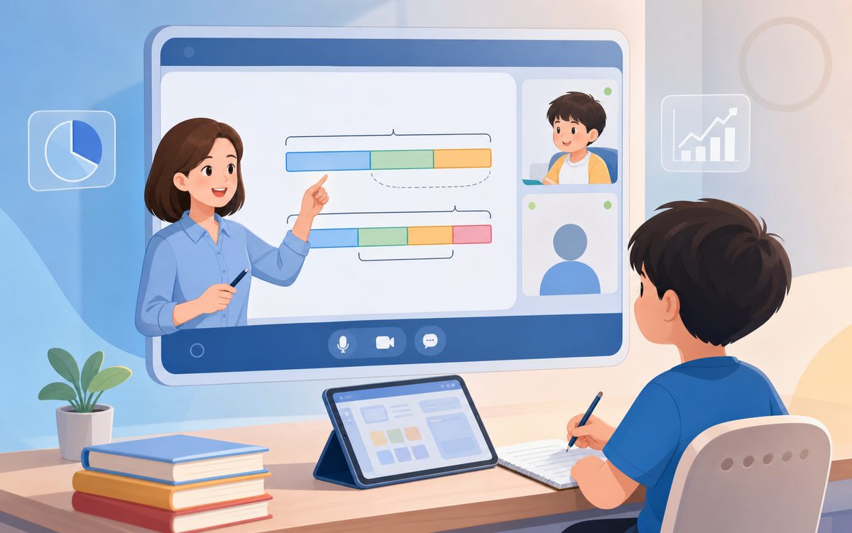 数学一对一网课平台老师用线段图带孩子拆解应用题的在线课堂界面