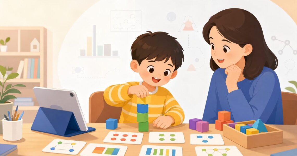 一年级儿童数学思维课课堂中,孩子用积木和图卡理解数感与数量关系的场景
