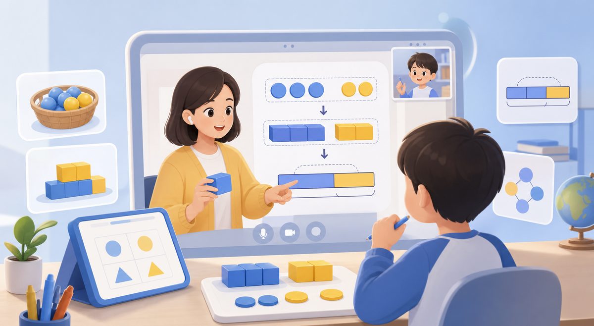 伴鱼全能数学一对一辅导课堂示意:老师用图形教具按CPA三步把应用题从具体讲到抽象