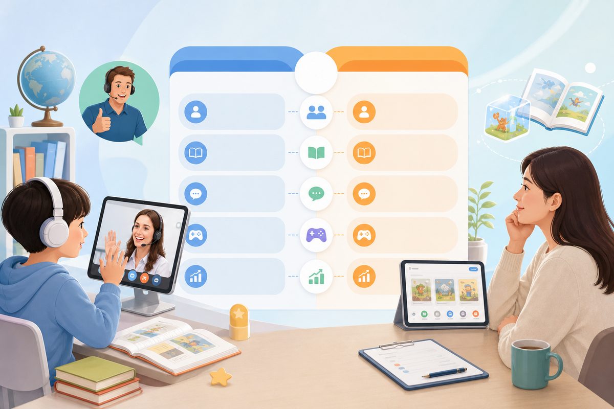 伴鱼少儿英语 VIPKID 课程体系与外教模式五维对比示意图