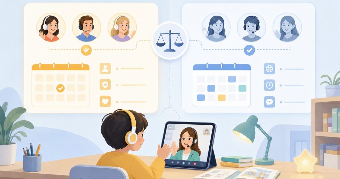 VIPKID 伴鱼少儿英语外教形式与约课机制对比示意图