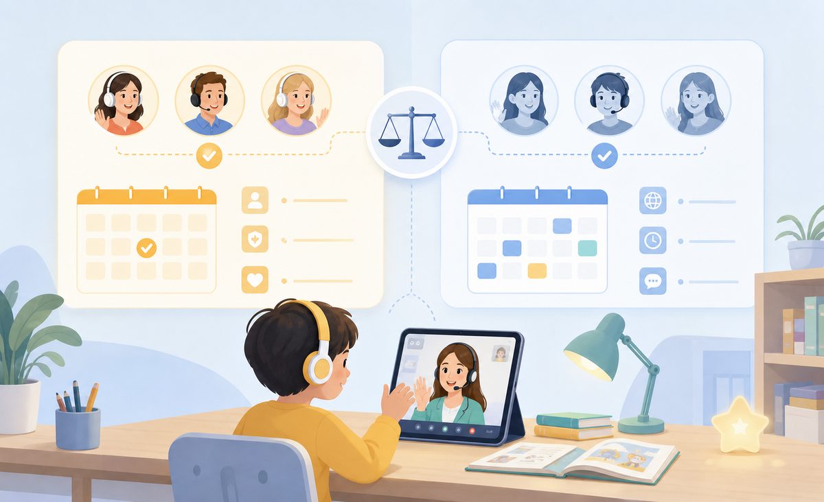 VIPKID 伴鱼少儿英语外教形式与约课机制对比示意图