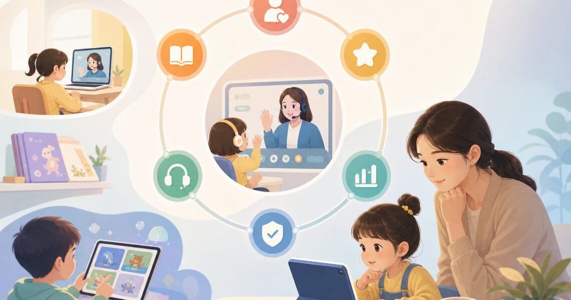 在线英语一对一平台伴鱼VIPKID试听决策框架示意图，列出幼儿园家长的六个判断维度
