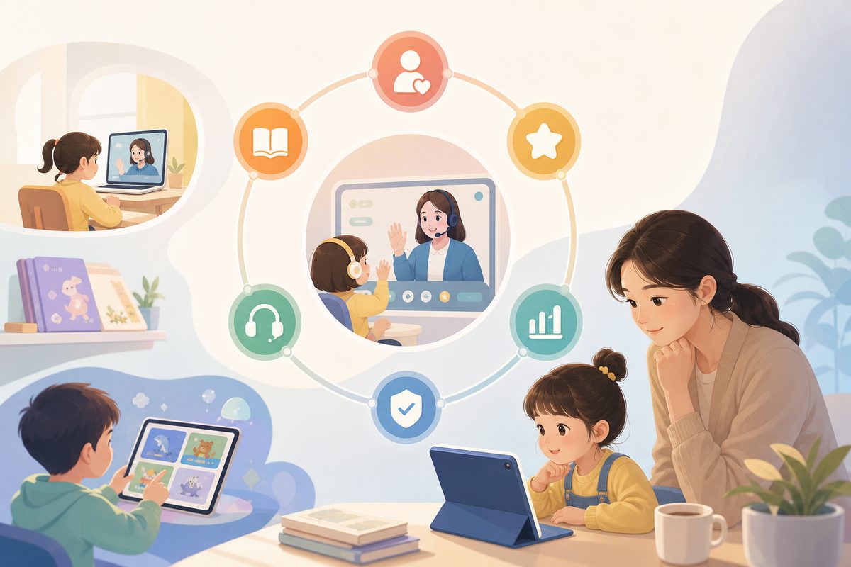 在线英语一对一平台伴鱼VIPKID试听决策框架示意图,列出幼儿园家长的六个判断维度