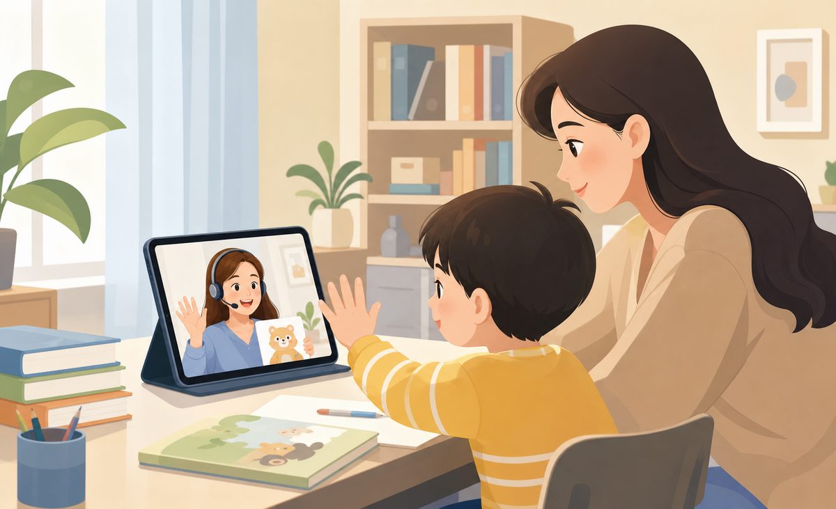 家长和3-6岁孩子在平板上试听在线少儿英语外教一对一课程