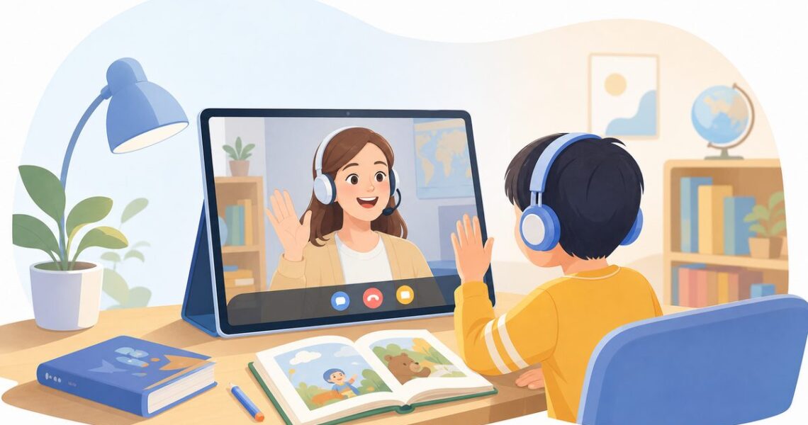 伴鱼口语课堂中孩子进行外教一对一互动的示意图