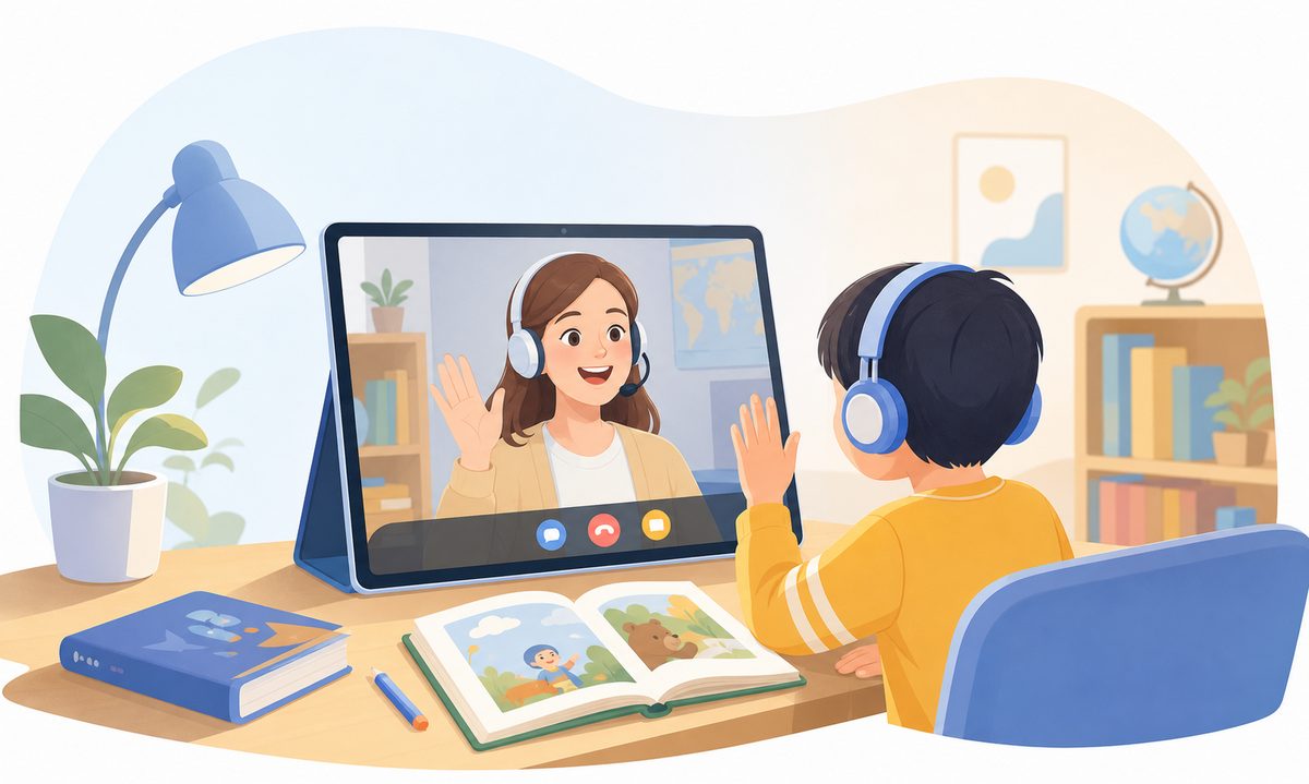 伴鱼口语课堂中孩子进行外教一对一互动的示意图