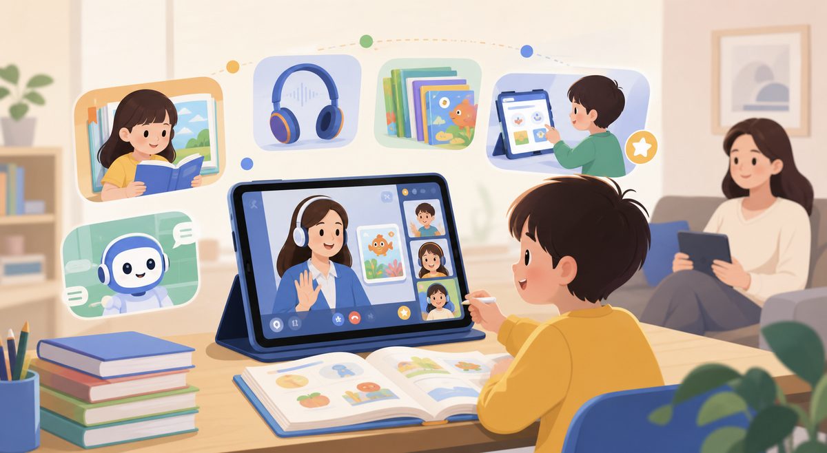 伴鱼卓越英语品牌介绍与小学低年级学习场景示意