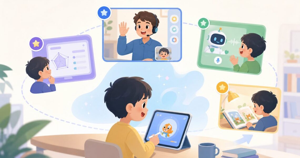 伴鱼口语学习路径示意图:测评、外教课、AI陪练和阅读复盘