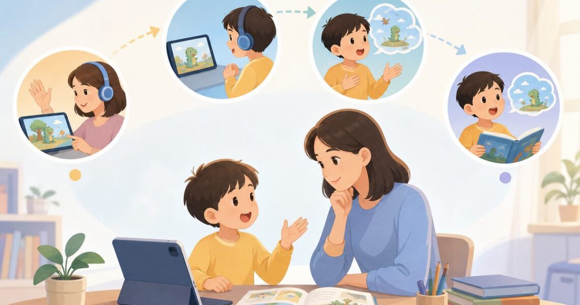 孩子英语口语怎么练的家庭四步输出法示意图