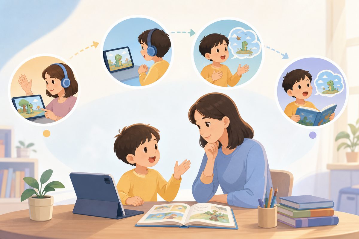孩子英语口语怎么练的家庭四步输出法示意图