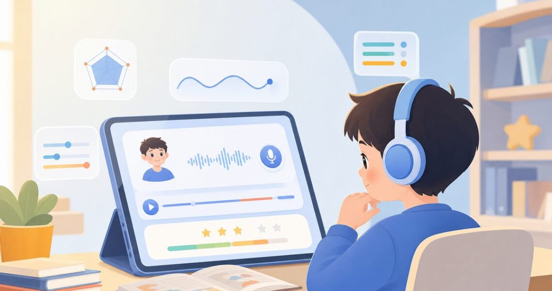 英语跟读打分界面中，孩子正在复听自己的朗读录音