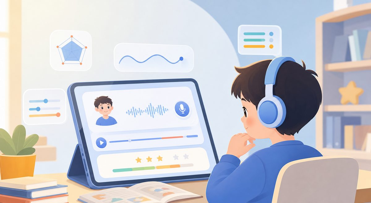英语跟读打分界面中，孩子正在复听自己的朗读录音