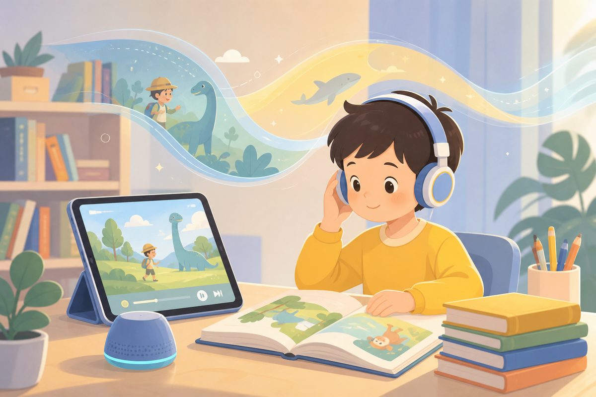 孩子在绘本和音频配合下做英语磨耳朵练习