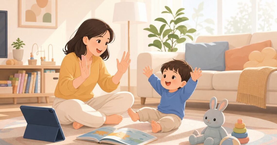 1-3岁孩子在客厅进行低龄英语启蒙的儿歌动作和绘本共读