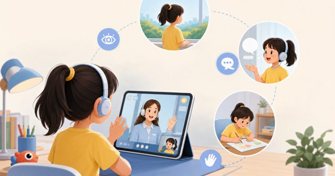 孩子上网课屏幕时间管理示意：在线英语课中穿插远眺、开口和离屏任务