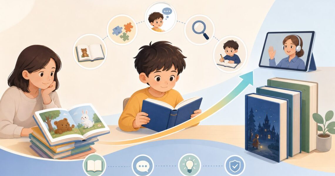 孩子从绘本过渡到英语章节书的阅读信号示意图