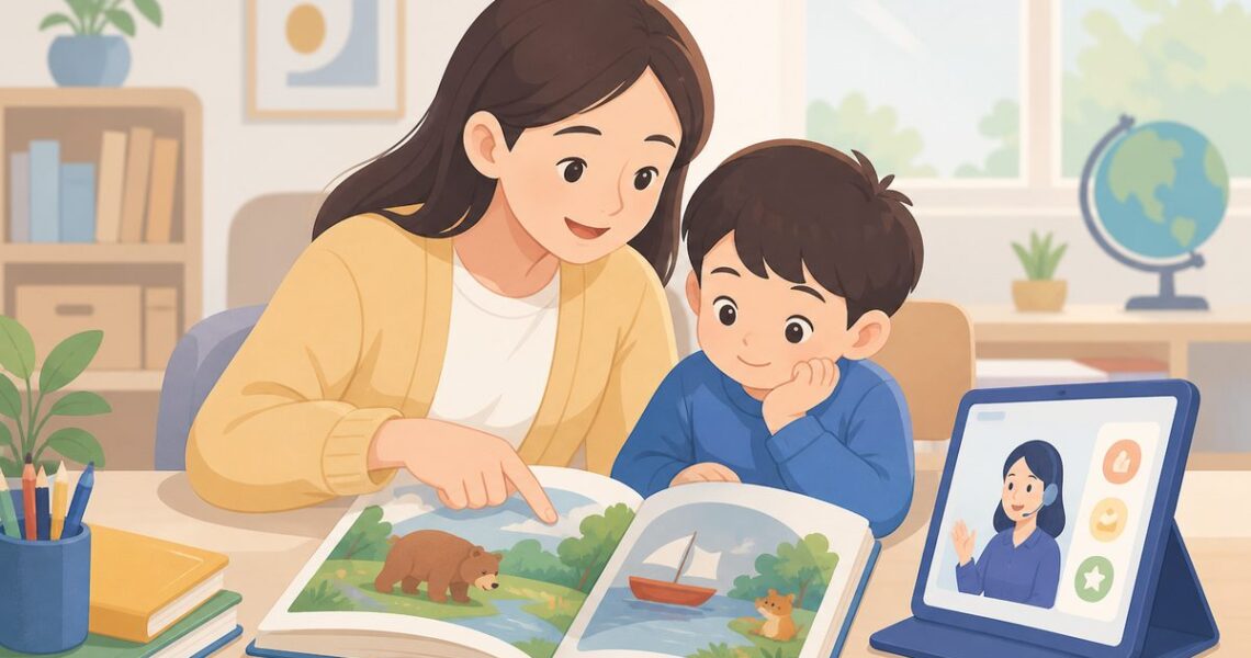 孩子看绘本只看图时家长用手指轻轻标出英文绘本里的关键词