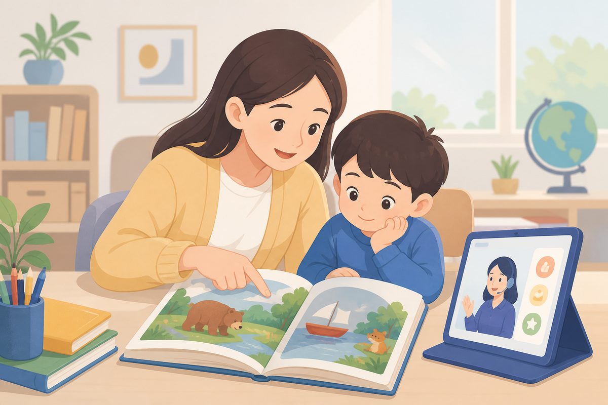 孩子看绘本只看图时家长用手指轻轻标出英文绘本里的关键词