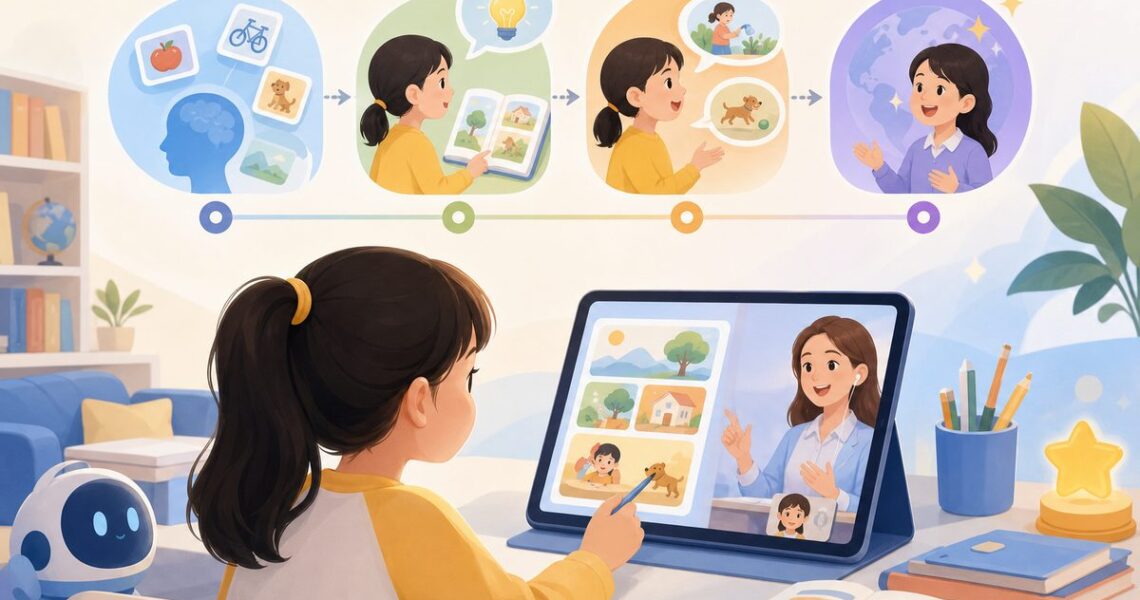 单词背了不会用怎么办：从词义识别到口语迁移的四级训练示意图