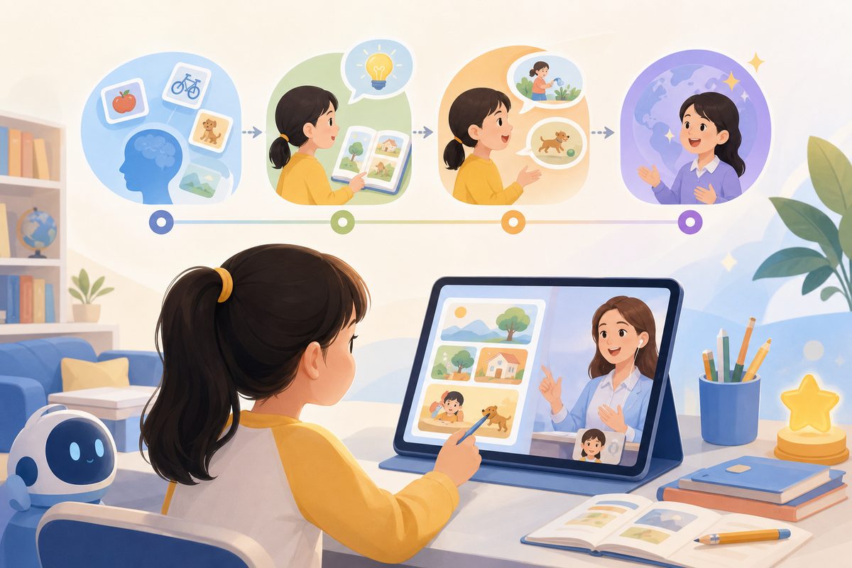 单词背了不会用怎么办：从词义识别到口语迁移的四级训练示意图